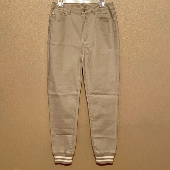 DG2 Diane Gilman Tan Denim Jeans Striped Elastic Ankle Cuffs Stretch Size (8T) - Picture 1 of 8